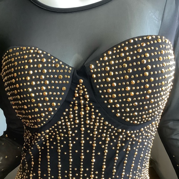 Sheer Gold-Beaded Long-Sleeve Midi Dress - Picture 3 of 10